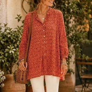 Flower Paper Rock Orange Boho Print Button Front Tunic Top Made in India Artsy